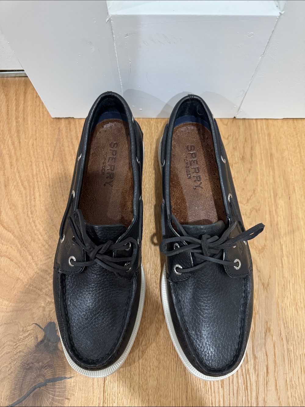 Sperry Black and White Women's Moccasin Boat Shoes - Picture 3 of 10